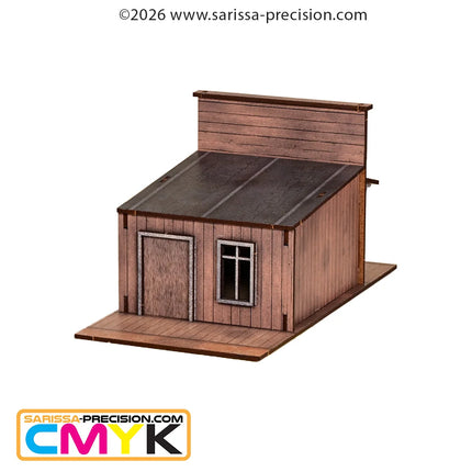 Kleurrijke Old West General Store en slagerij scenery voor 28mm miniaturen, gemaakt door Sarissa Precision, gedetailleerde modellandschap.