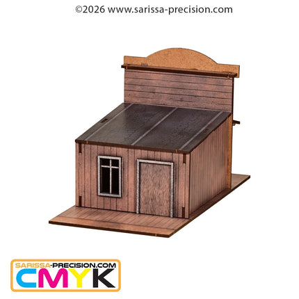 Details van een Old West General Store en slagerij scenery van Sarissa Precision in 28mm modelstijl.
