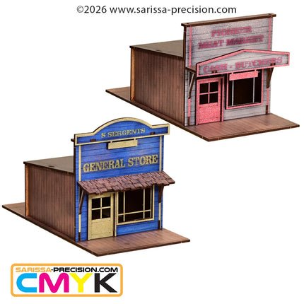 Gedetailleerde scenery van Old West General Store en slager van Sarissa Precision in 28mm schaal, voor wargames en diorama's