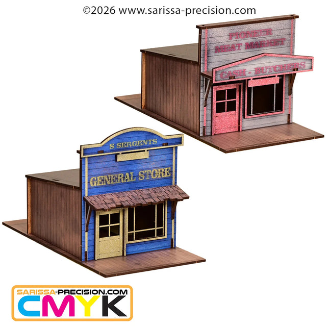 Gedetailleerde scenery van Old West General Store en slager van Sarissa Precision in 28mm schaal, voor wargames en diorama's
