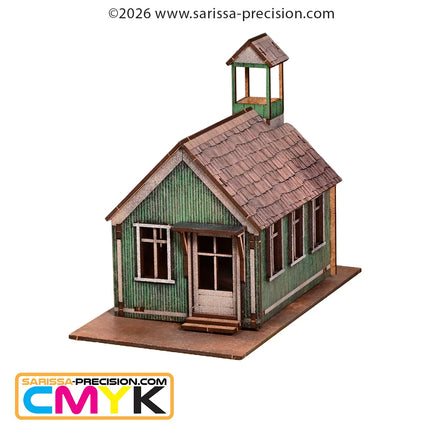 Dorpse scenery van Sarissa Precision met een kerk en schoolgebouw in 28mm schaal voor Old West spellen.