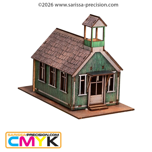 Scène van een Old West kerk en schoolgebouw in 28mm formaat, gedetailleerde scenery van Sarissa Precision voor modelbouw.