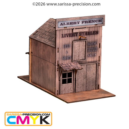Gedetailleerde Old West Albert Franse Stallen schaalmodel van Sarissa Precision voor modelbouw en diorama's.