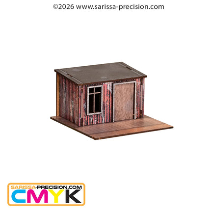 Kleine Old West Tinpan Outhouse scène van Sarissa Precision, gedetailleerd model voor modelbouw landschap, 28mm schaal