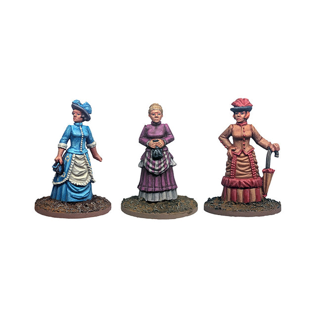 Miniatuurset van Dead Man's Hand met damesfiguren Mrs Evelyn Harper, Amy Fotherington en Miss Evansa, gedetailleerd en kleurrijk.
