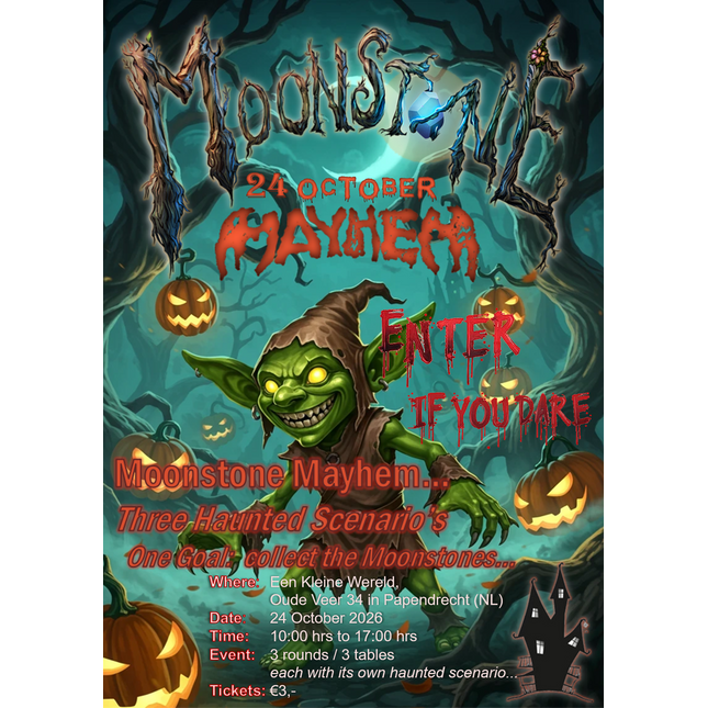 Halloween evenement Moonstone Mayhem georganiseerd door Een Kleine Wereld, met feestelijke decoraties en sfeer op 24 oktober.