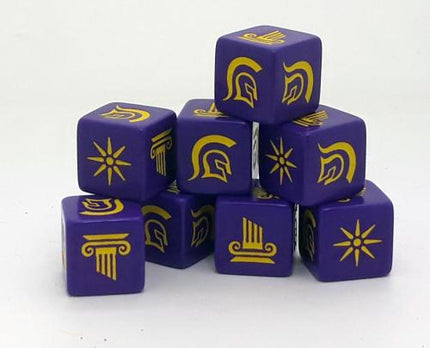 Hellenic Dice van SAGA, Grieks dobbelspelmateriaal voor Age of Hannibal, met traditionele houten dobbelstenen en symbolen.