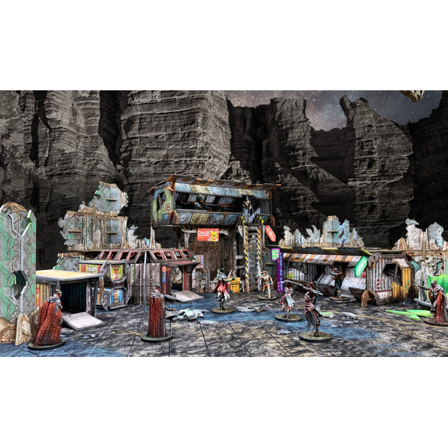 Kleurrijke scènes van de Battlesystems Trader Encampment, gedetailleerde speelset voor miniatuur- en bordspellen.