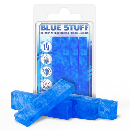 Blauwe Stuff herbruikbare mallen maker met 4 staven van GreenStuffWorld, flexibel vormend materiaal voor creatief gebruik.