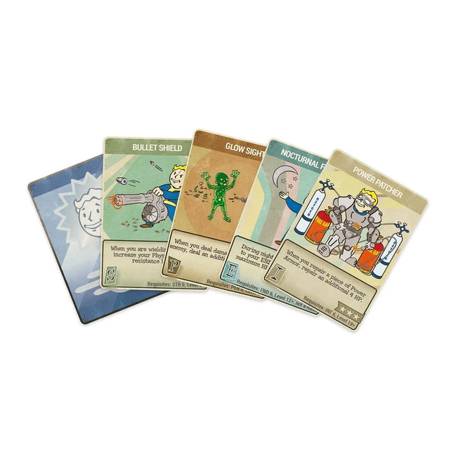 Fallout RPG Perk Cards 2 set met kleurrijke kaarten voor rollenspellen gebaseerd op de Fallout game.