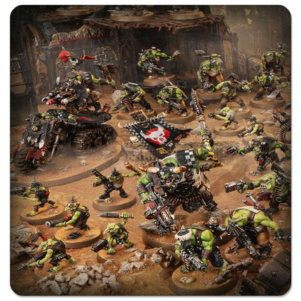 Warhammer 40.000 starterset met Orks, inclusief miniaturen en accessoires voor beginners, klaar voor gameplay.