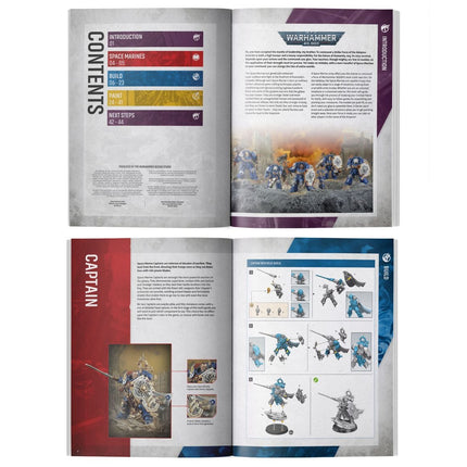 Warhammer 40.000 startset met Space Marines, inclusief miniaturen en accessoires voor beginners, in een overzichtelijke doos.