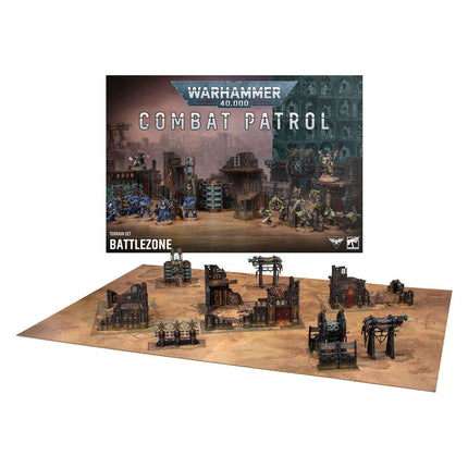 Warhammer 40.000 Combat Patrol Battlezone terrein met strategisch landschap en modellen voor bordspellen en miniaturen.