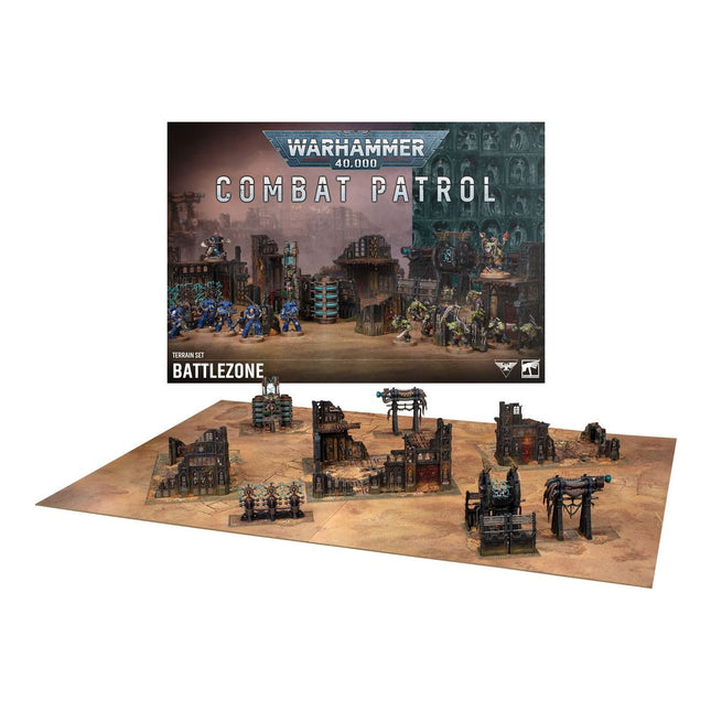 Warhammer 40.000 Combat Patrol Battlezone terrein met strategisch landschap en modellen voor bordspellen en miniaturen.