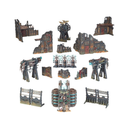 Gedetailleerd Warhammer 40.000 Combat Patrol: Battlezone terrein met rotsen en structuren voor miniatuurstrategieën.