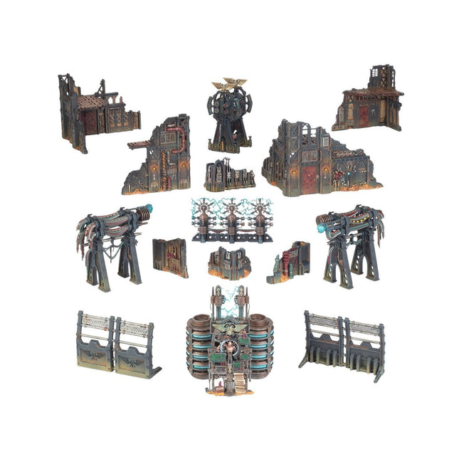 Gedetailleerd Warhammer 40.000 Combat Patrol: Battlezone terrein met rotsen en structuren voor miniatuurstrategieën.