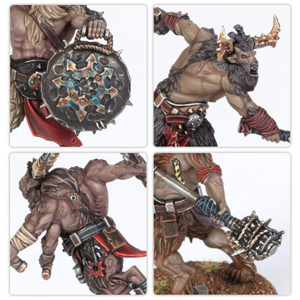 Warhammer 40.000 Chaos Space Marines Fellgor Beastmen miniatuur met gedetailleerde chaosarmor en wapens, klaar voor oorlog.