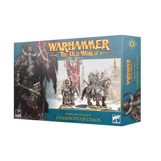 Warriors of Chaos Champions van The Old World, gedetailleerd beeld van chaosstrijders in kleurrijke wapens en harnassen.