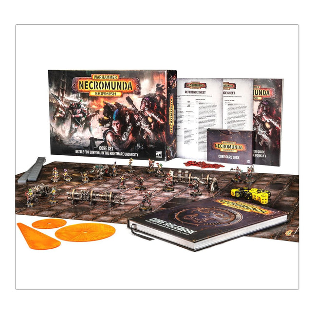 Necromunda Skirmish Core Set voor wargames met miniaturen en speelstukken, in een donkere, sci-fi setting.