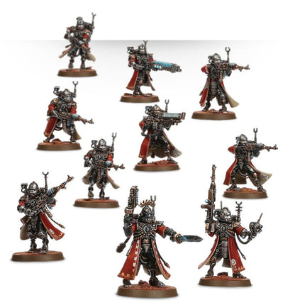 Warhammer 40.000 Adeptus Mechanicus Skitarii Vanguard van Imperium, gedetailleerd miniatuurmodel met geavanceerde wapens en armor.