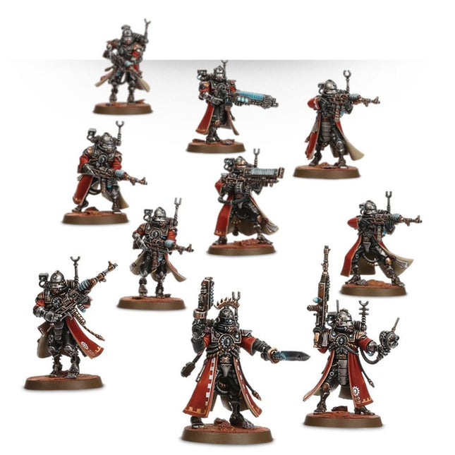 Warhammer 40.000 Adeptus Mechanicus Skitarii Vanguard van Imperium, gedetailleerd miniatuurmodel met geavanceerde wapens en armor.