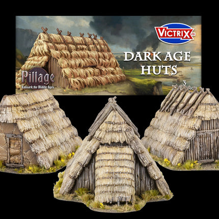 Miniatuur van Dark Age Huts van Victrix, gedetailleerde houten hutten voor historische speeltafel of verzamelproject.