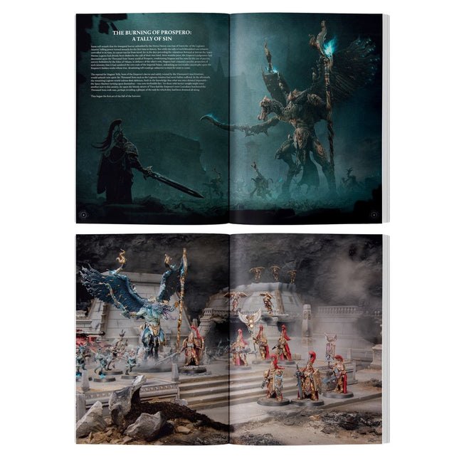 Horus Heresy Rulebook Journal Tactica: Prospero Burns en Judgement Of Valdor, met cover en binnenpagina's zichtbaar