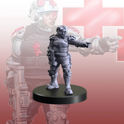 Cyberpunk Red Trauma Team Security Gunners, team van miniaturen voor bordspel of collectie, gedetailleerde sci-fi figuren.