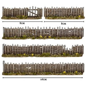 Victrix Dark Age Wattle Fence scenery met rieten palen en houten structuur, geschikt voor historische diorama's en miniaturen.