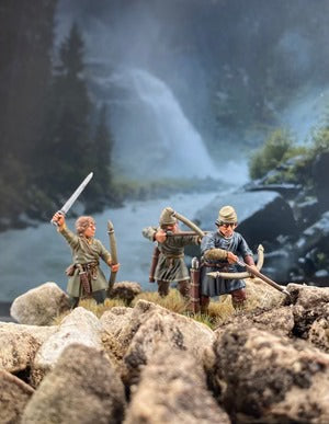 Miniaturen van Dark Age boogschutters en slingers van Victrix, gedetailleerde figurines voor historische oorlogsspelletjes.
