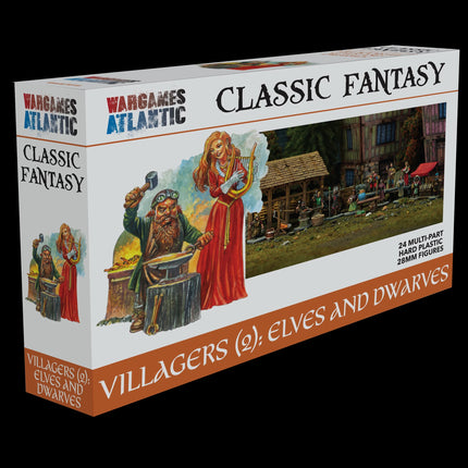Miniaturen van twee dorpelingen met elfen en dwergen van Wargames Atlantic, gedetailleerde 3D-mockup afbeelding