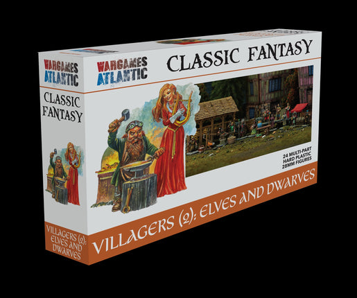 Miniaturen van twee dorpelingen met elfen en dwergen van Wargames Atlantic, gedetailleerde 3D-mockup afbeelding