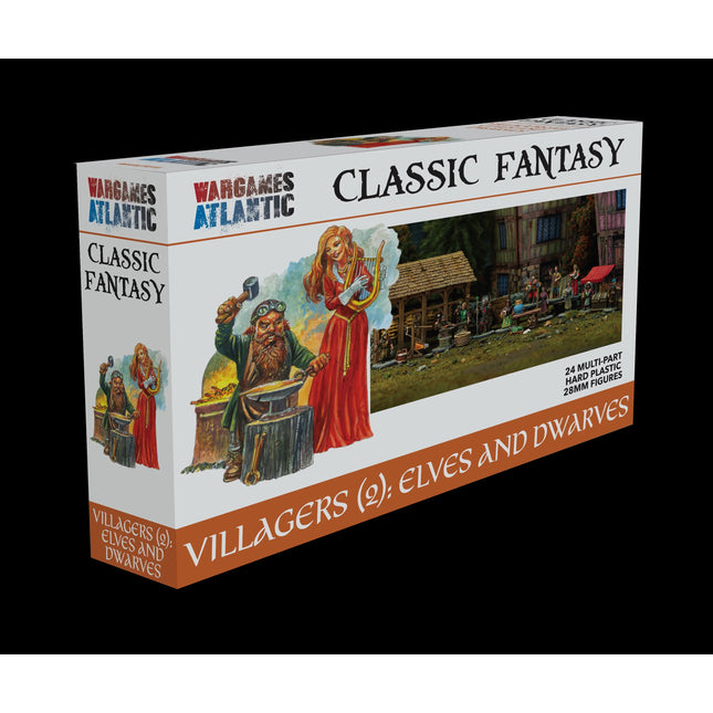 Miniaturen van twee dorpelingen met elfen en dwergen van Wargames Atlantic, gedetailleerde 3D-mockup afbeelding