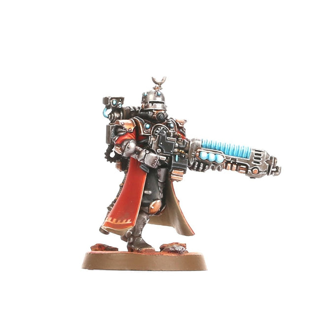 Gedetailleerde Warhammer 40.000 Adeptus Mechanicus Skitarii miniatuur, Imperium figuur met futuristische legeronderdelen.