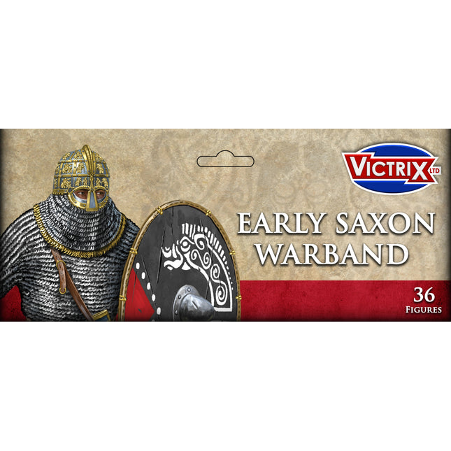 Miniatuur van een Saksische oorlogswacht uit de vroege periode, gemaakt door Victrix, met gedetailleerde wapens en kleding.