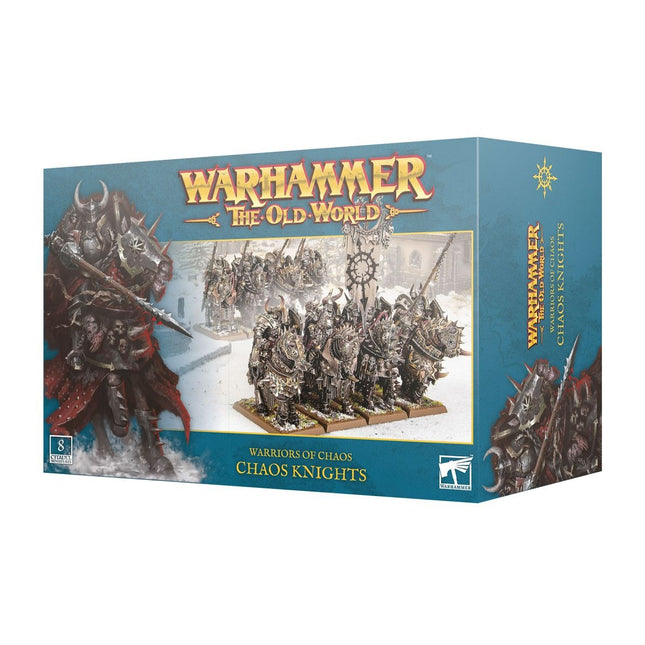 Chaos Knights uit Warriors of Chaos, getrokken in zwart en goud, met wapens en pantser, door The Old World.