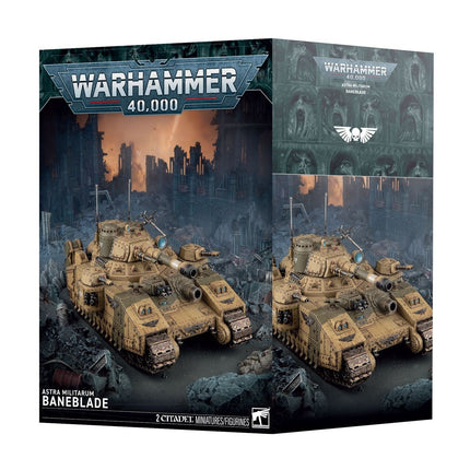 Gedetailleerde afbeelding van de Warhammer 40.000 Astra Militarum Baneblade model in doos, Imperium legeronderdeel.