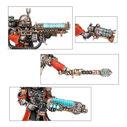Detail van een Warhammer 40.000 Adeptus Mechanicus Skitarii Vanguard model uit de Imperium collectie.