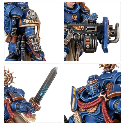 Gedetailleerde afbeelding van Space Marines Company Heroes van Warhammer 40.000 in kleurrijke militaire uitrusting en poses