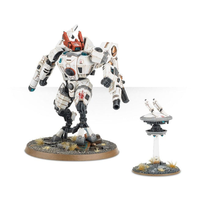 40K Tau Empire Commander van Warhammer 40.000, Xenos model met gedetailleerde uitrusting en wapens, voor tabletop gaming.
