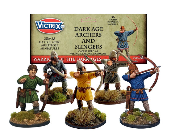 Miniatuurset van Dark Age boogschutters en slingeraars van Victrix, gedetailleerde miniaturen voor historische oorlogsspelletjes