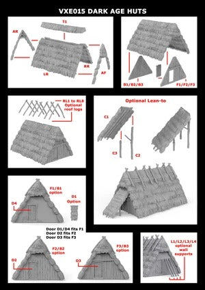 Miniatuur Dark Age Huts van Victrix, gedetailleerde bouwinstructies en kleine houten hutten voor historische schaalmodellen.