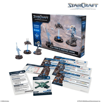 StarCraft Nova Terra en Sabotage Drone hero uitbreidingsset voor Terran, gedetailleerde miniaturen en game-elementen.