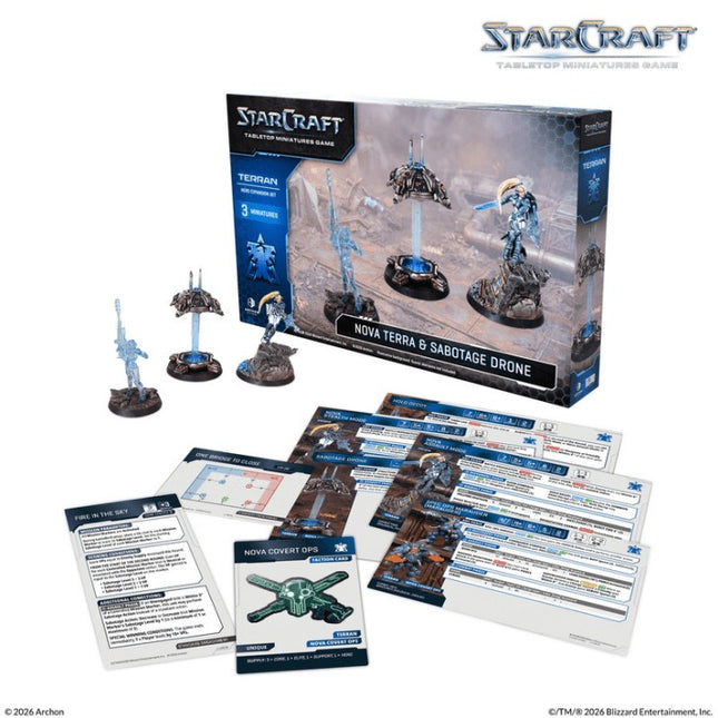 StarCraft Nova Terra en Sabotage Drone hero uitbreidingsset voor Terran, gedetailleerde miniaturen en game-elementen.
