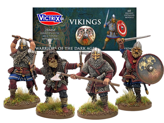Miniatuurset van Vikings uit de Dark Age, geproduceerd door Victrix, met gedetailleerde Viking-figuren op de foto