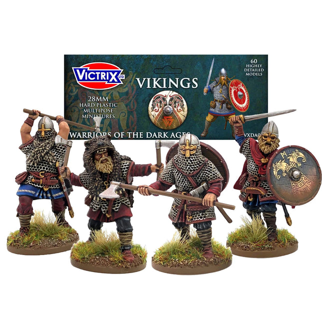 Miniatuurset van Vikings uit de Dark Age, geproduceerd door Victrix, met gedetailleerde Viking-figuren op de foto