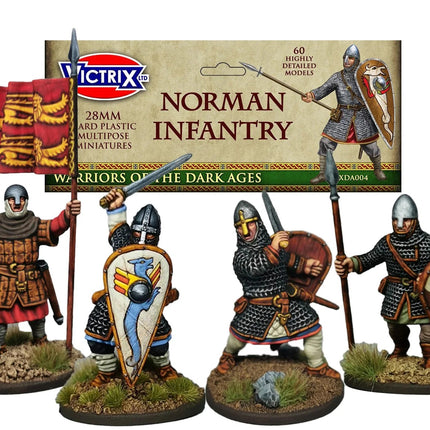 Normandische infanterie miniatuur van Victrix uit de Dark Age periode, gedetailleerd geschilderd en gereconstrueerd.