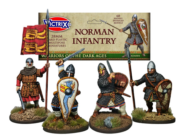 Normandische infanterie miniatuur van Victrix uit de Dark Age periode, gedetailleerd geschilderd en gereconstrueerd.
