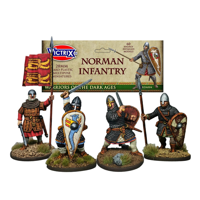 Normandische infanterie miniatuur van Victrix uit de Dark Age periode, gedetailleerd geschilderd en gereconstrueerd.