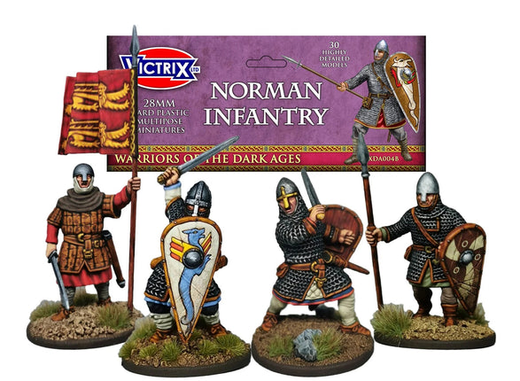Miniaturen van de Normandische infanterie uit de Dark Age, vervaardigd door Victrix, geschikt voor skirmish spellen.